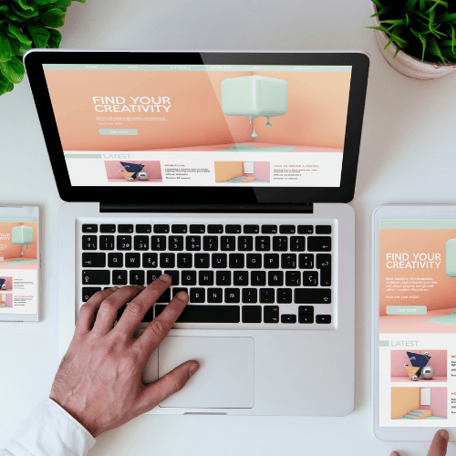 Businessman kneeling over a diagram showing a central circle labeled BRANDING connected to other services like SEO and WEBSITE.